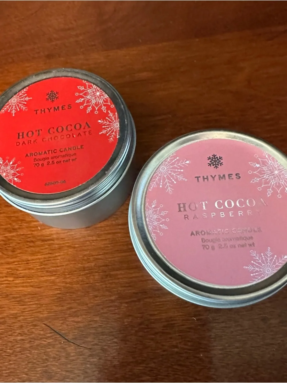 Set of 2 Thymes Hot Cocoa Dark Chocolate & Raspberry Travel Tin Candles 2.5 oz